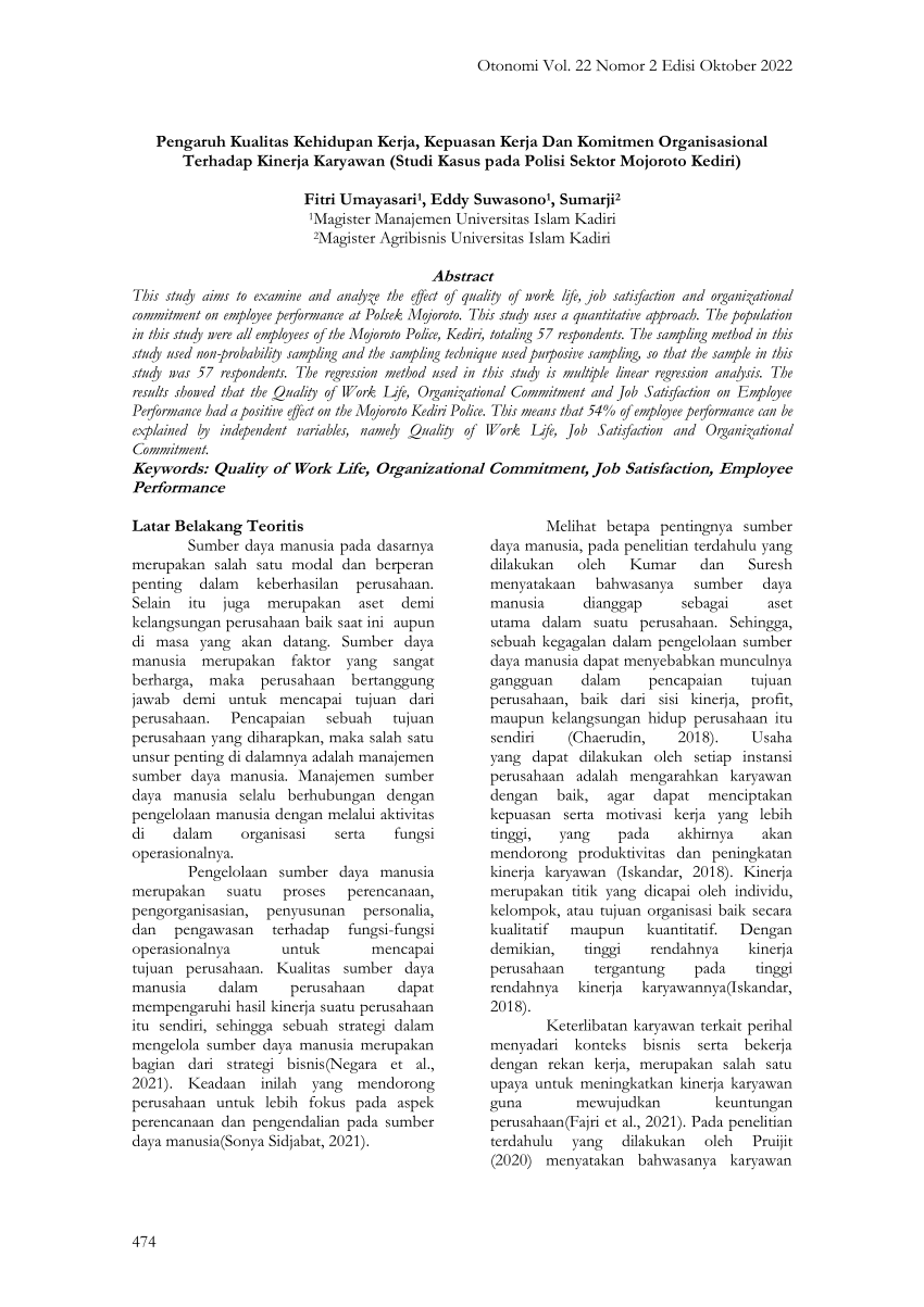 Pdf Pengaruh Kualitas Kehidupan Kerja Kepuasan Kerja Dan Komitmen