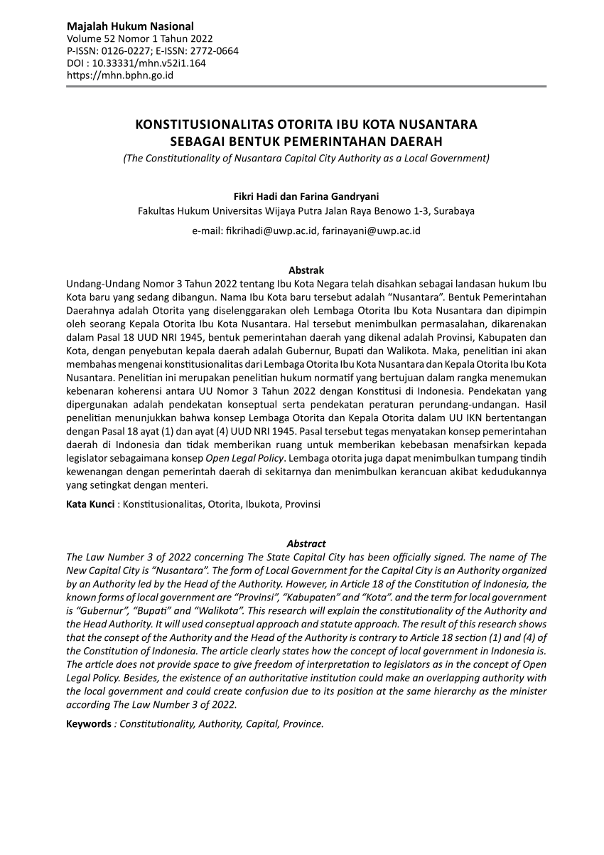Pdf Konstitusionalitas Otorita Ibu Kota Nusantara Sebagai Bentuk