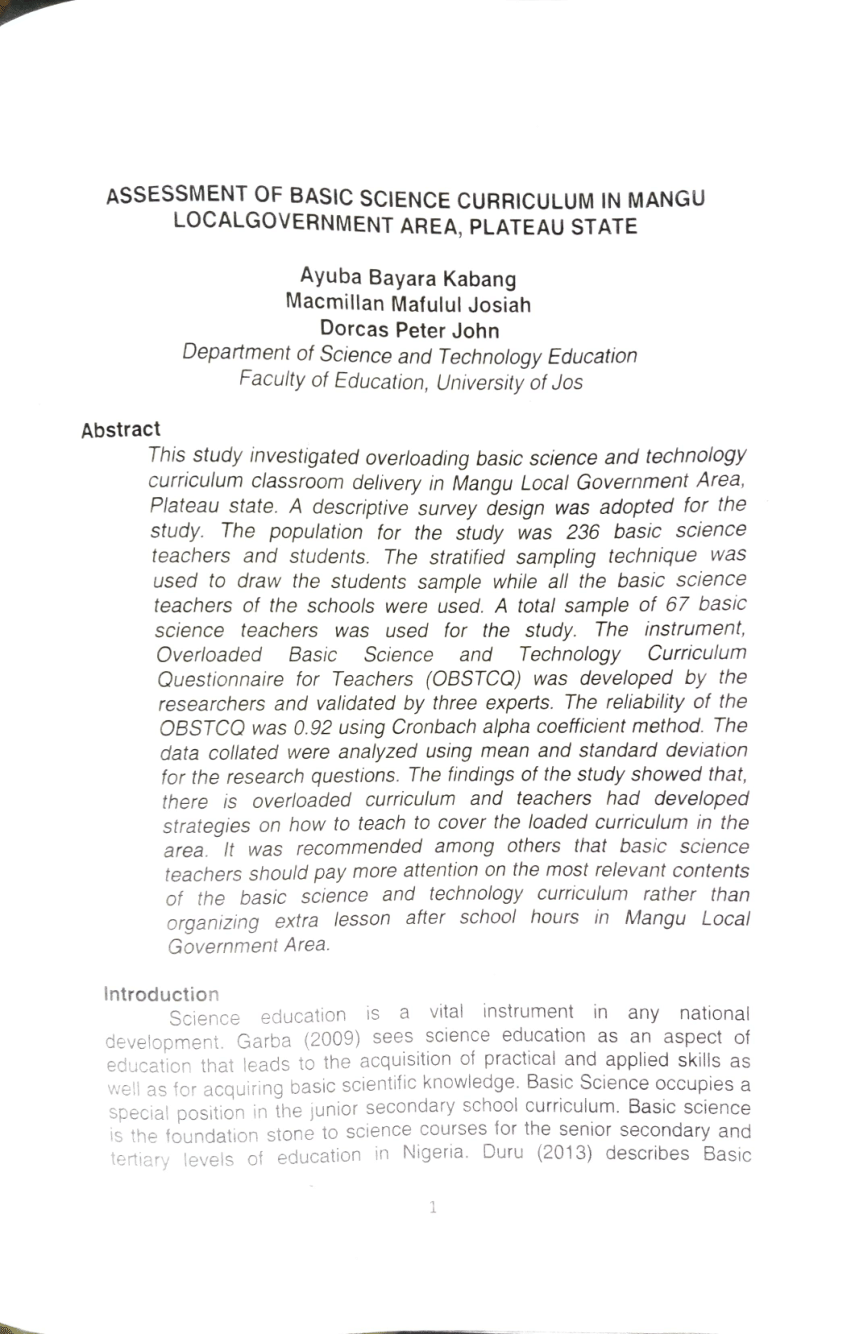 (PDF) Assessment of Basic Science curriculum in Mangu local government ...