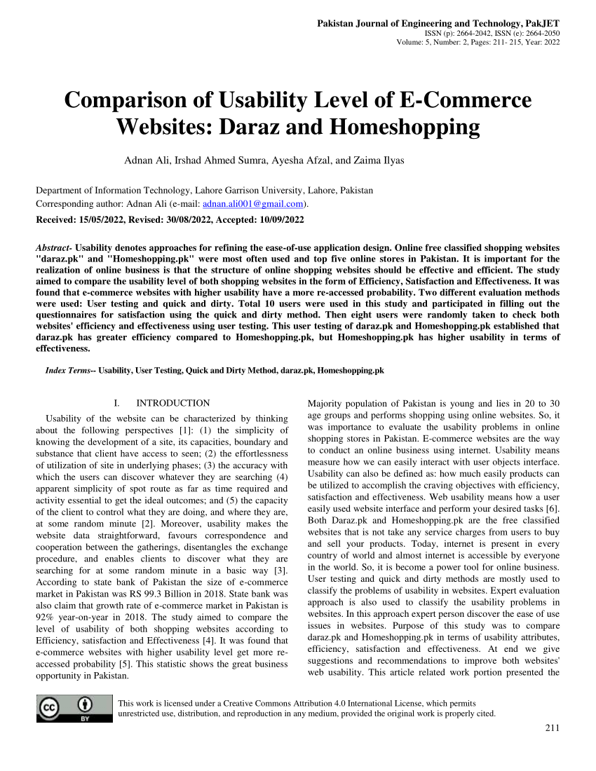 PDF) Comparison of Usability Level of E-Commerce Websites: Daraz and  Homeshopping