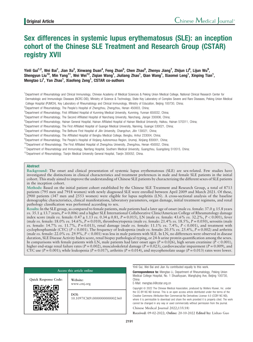 Pdf Sex Differences In Systemic Lupus Erythematosus Sle An Inception Cohort Of The Chinese 