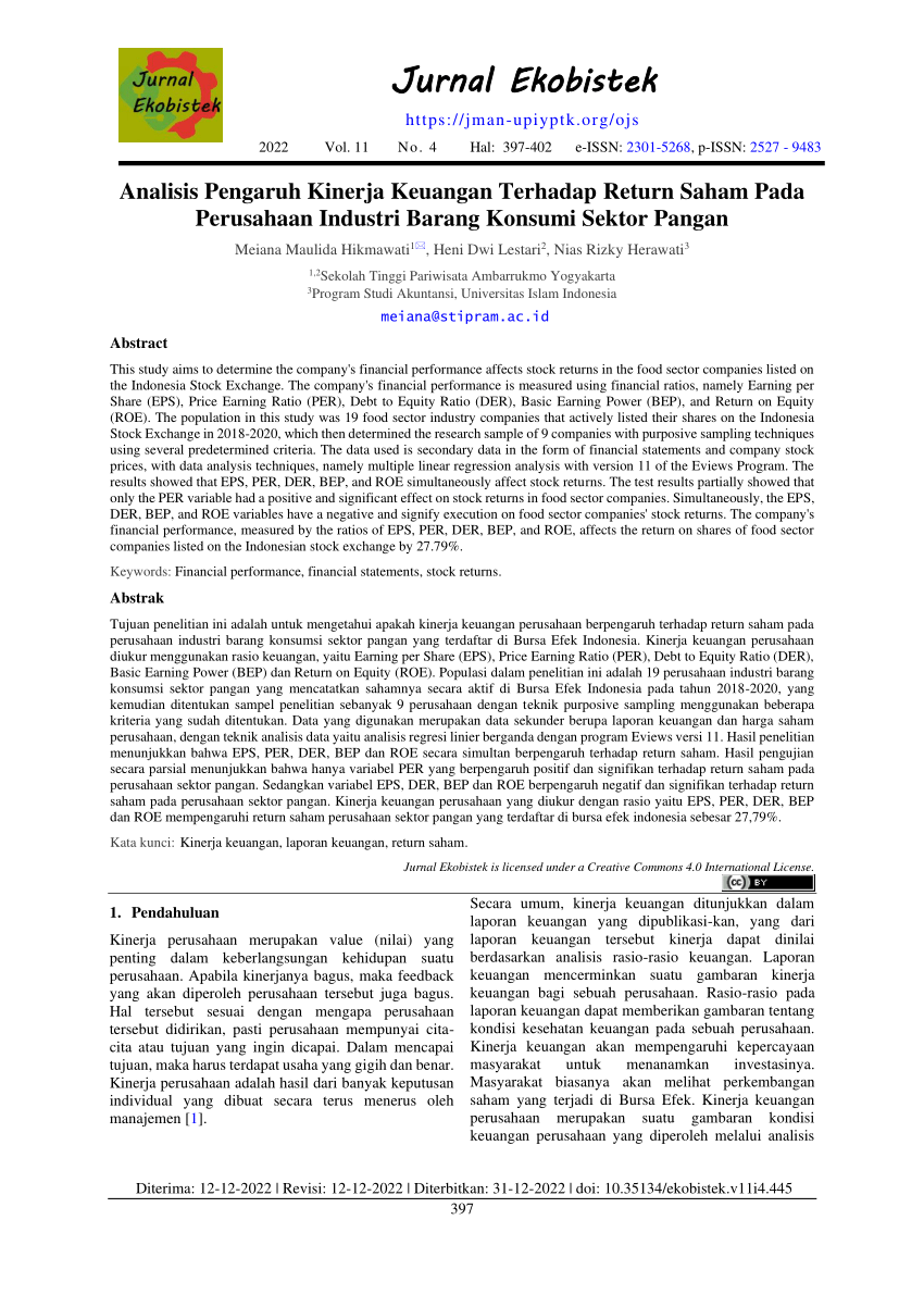 Pdf Analisis Pengaruh Kinerja Keuangan Terhadap Return Saham Pada Perusahaan Industri Barang 3263