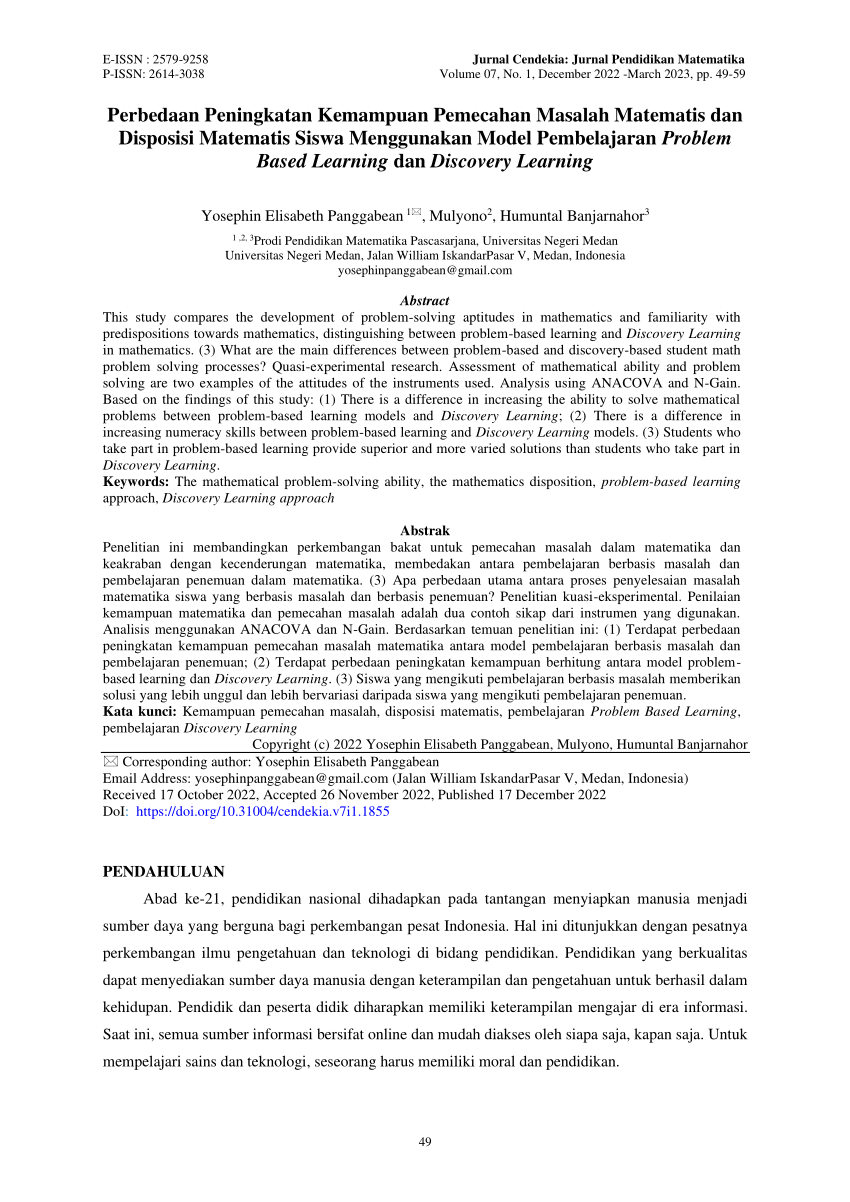 Pdf Perbedaan Peningkatan Kemampuan Pemecahan Masalah Matematis Dan Disposisi Matematis Siswa 