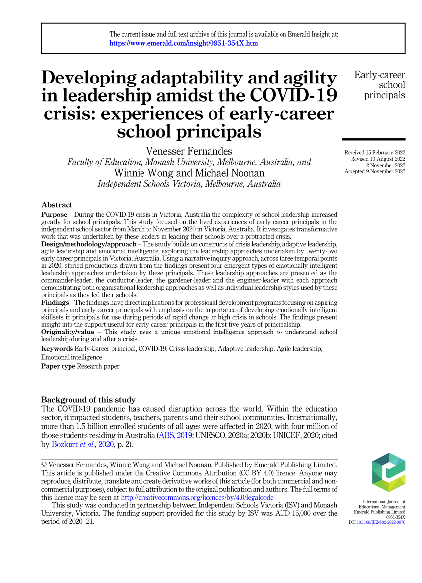 PDF) Developing Adaptability and Agility in Leadership amidst the COVID-19  crisis: Experiences of Early-Career School Principals.