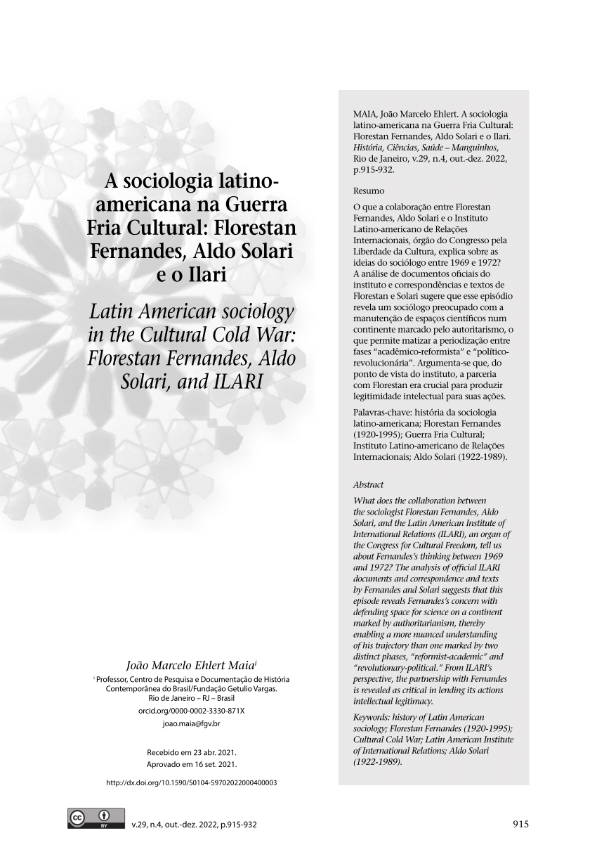 PDF) Latin American sociology in the Cultural Cold War: Florestan  Fernandes, Aldo Solari and the ILARI