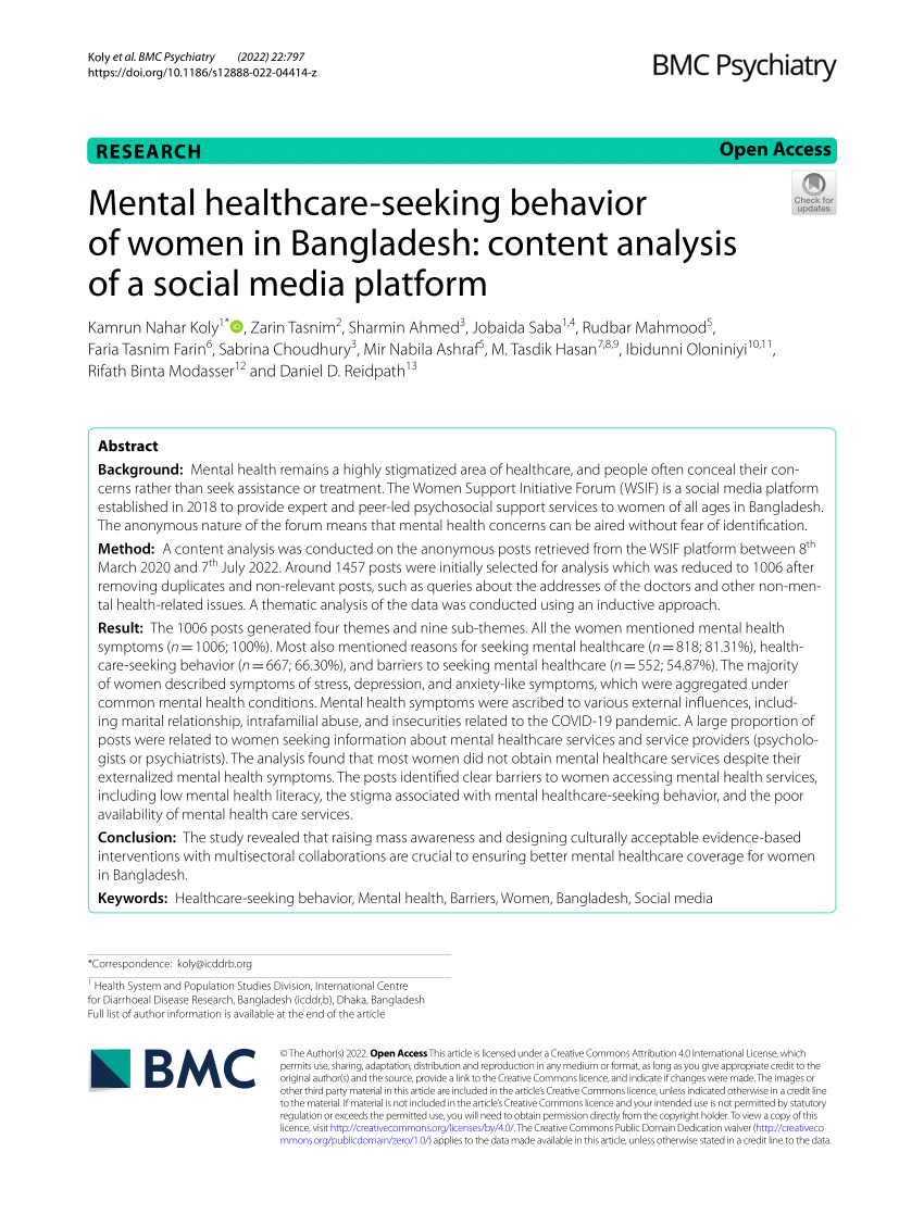 PDF) Mental healthcare-seeking behavior of women in Bangladesh content analysis of a social media platform image picture