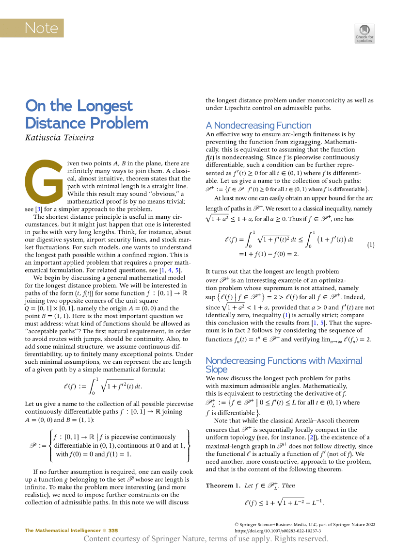 On the Longest Distance Problem Request PDF