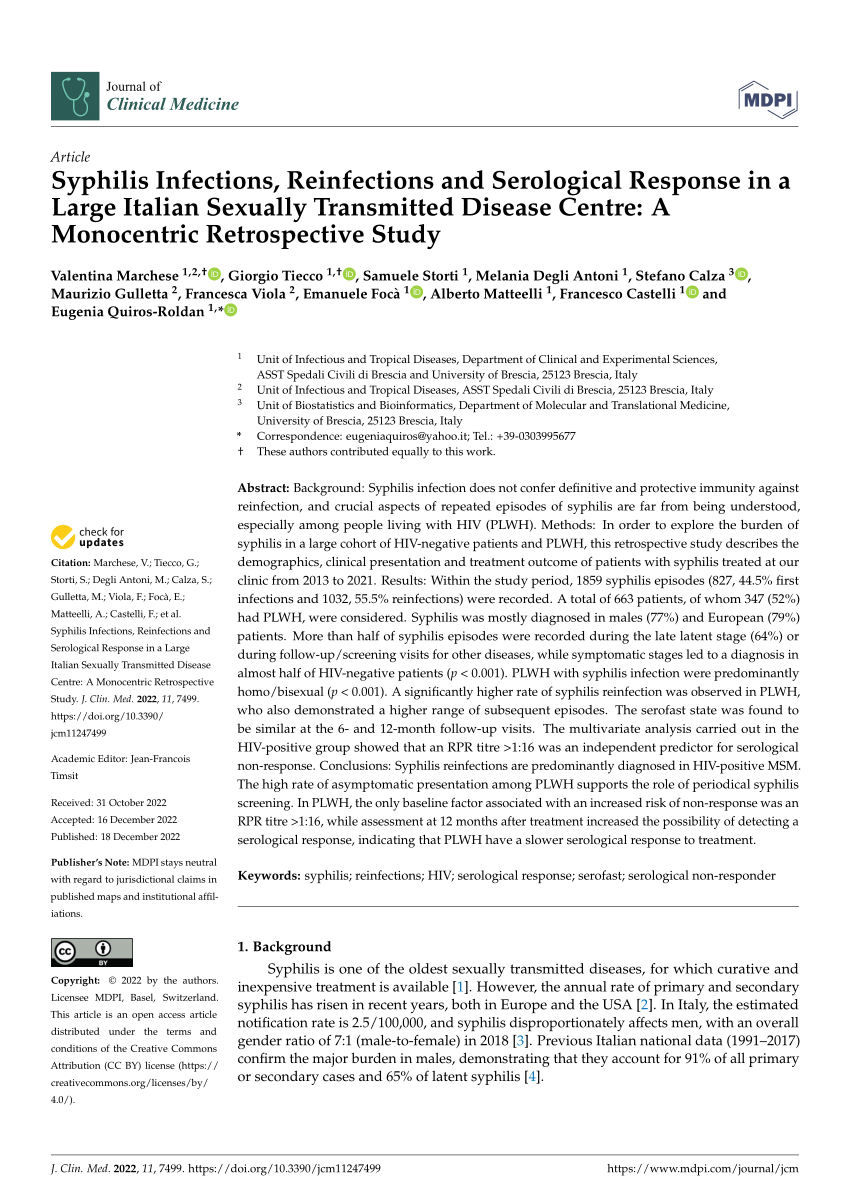 Pdf Syphilis Infections Reinfections And Serological Response In A Large Italian Sexually 