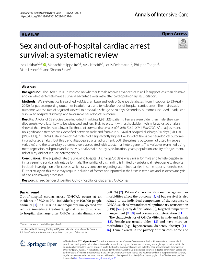 Pdf Sex And Out Of Hospital Cardiac Arrest Survival A Systematic Review 