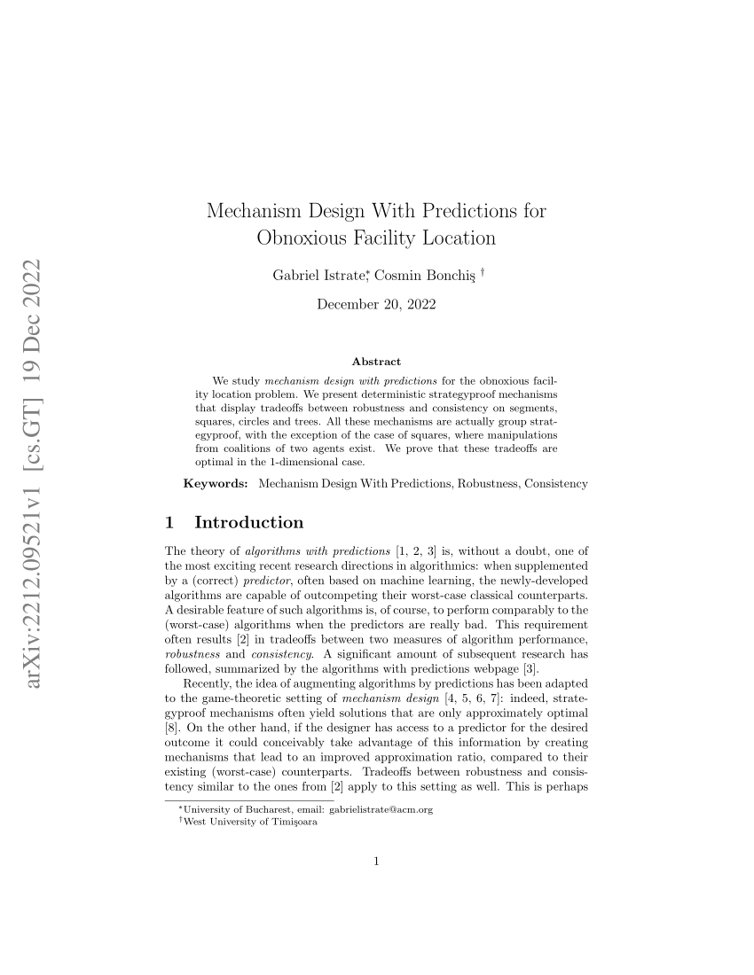 (PDF) Mechanism Design With Predictions for Obnoxious Facility Location