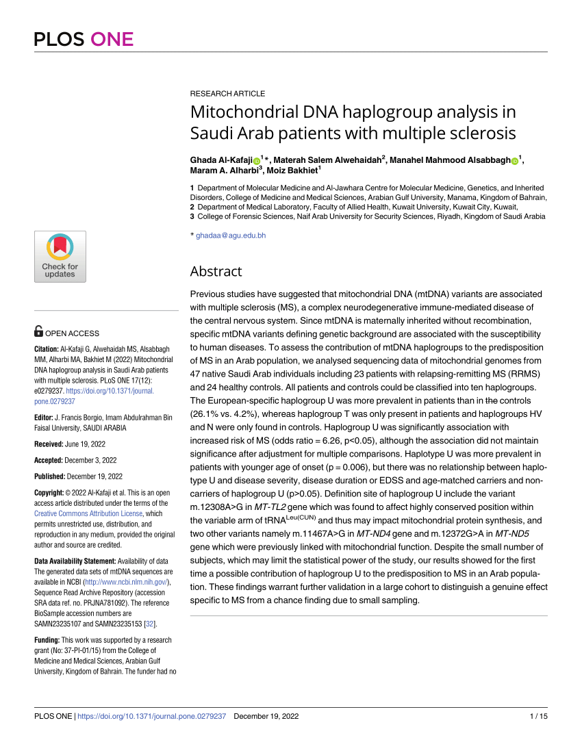 PDF) Mitochondrial DNA haplogroup analysis in Saudi Arab patients 