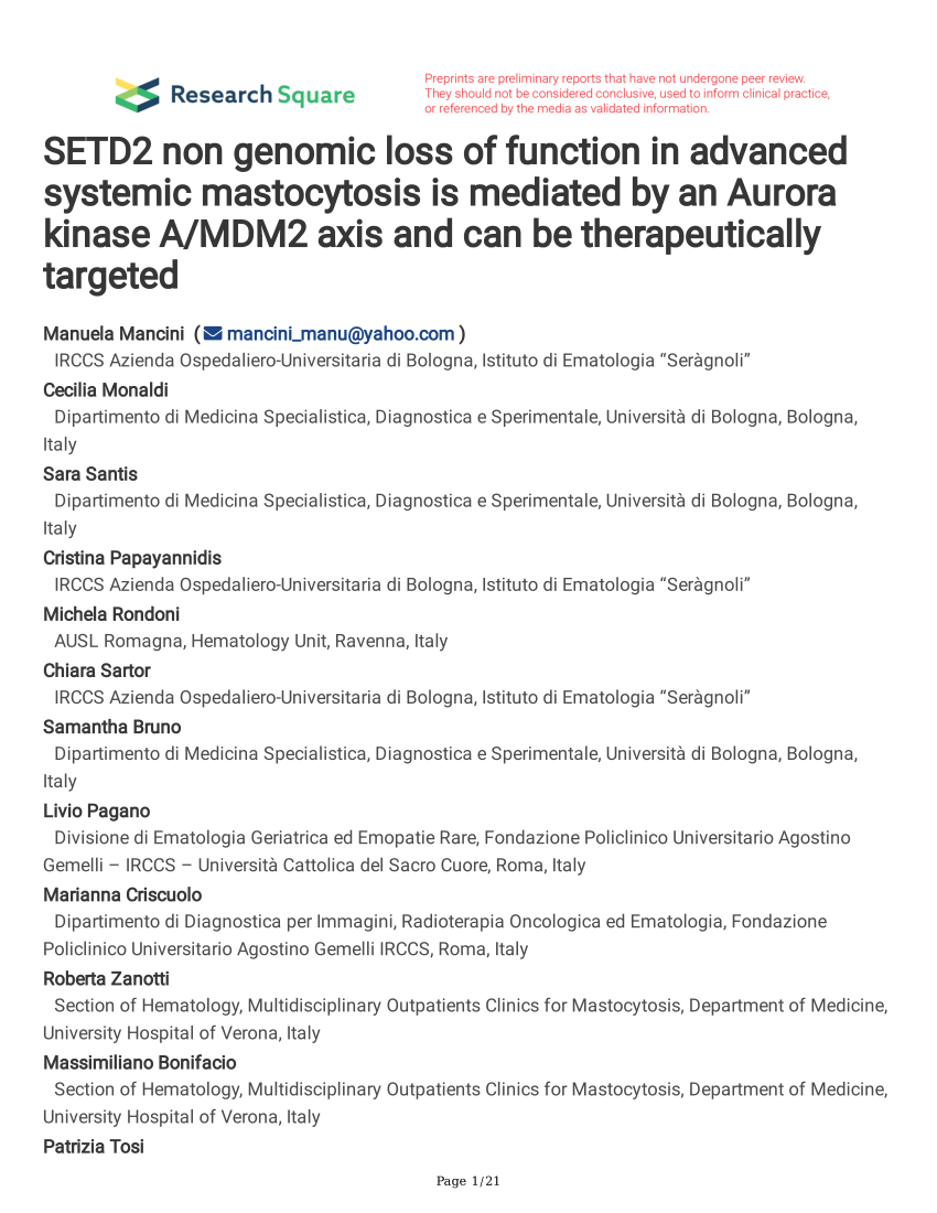 PDF) SETD2 non genomic loss of function in advanced systemic mastocytosis  is mediated by an Aurora kinase A/MDM2 axis and can be therapeutically  targeted