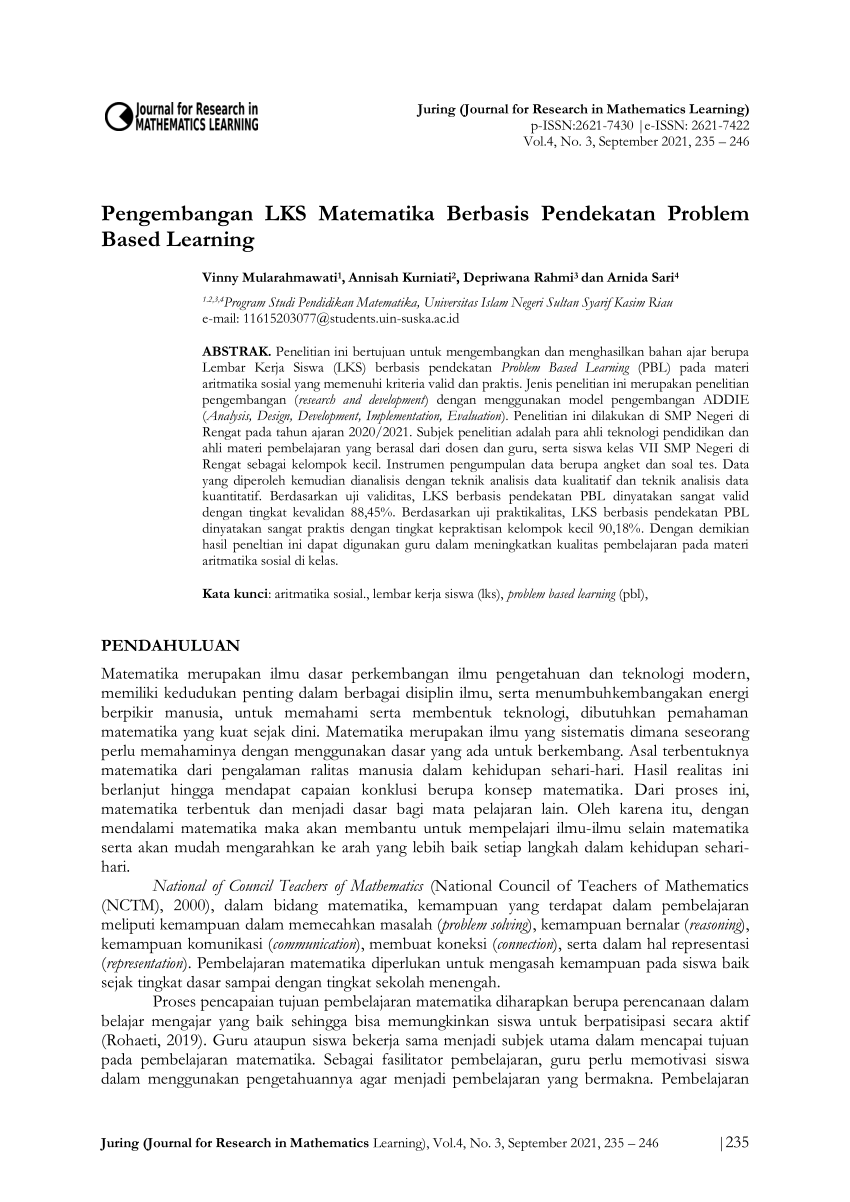 (PDF) Pengembangan LKS Matematika Berbasis Pendekatan Problem Based