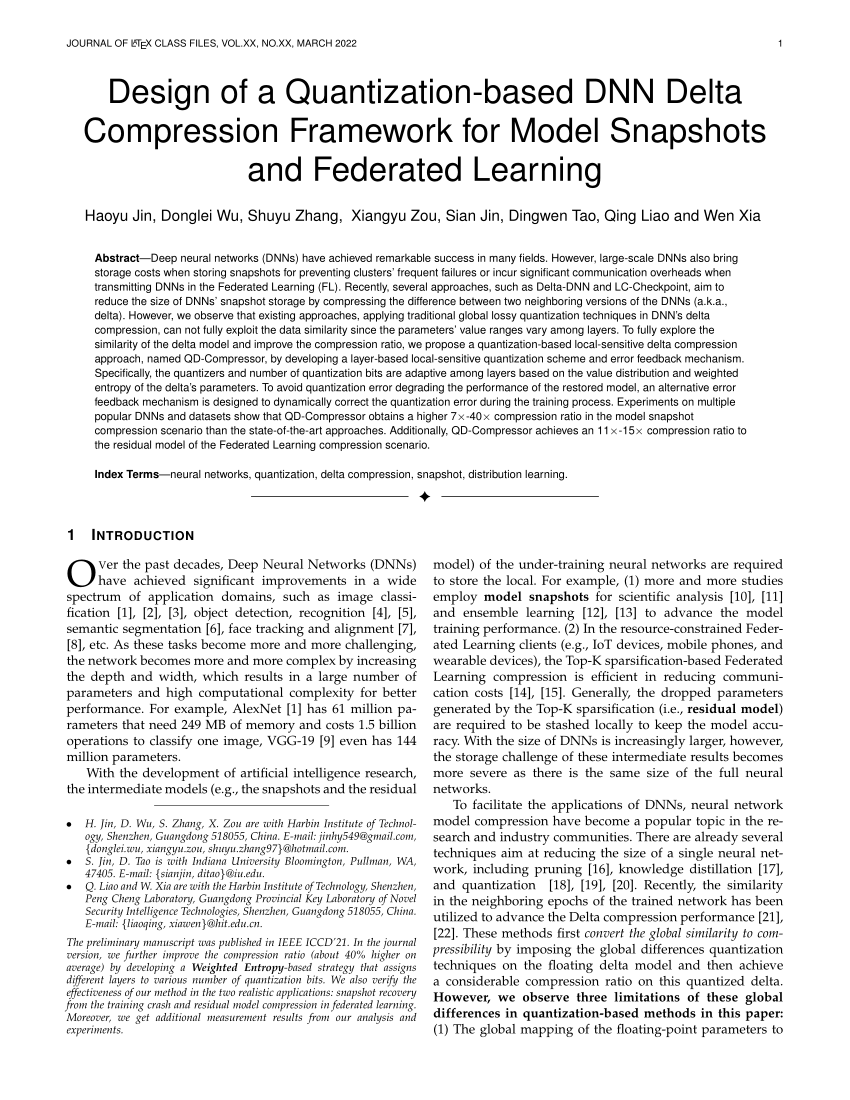 PDF) Design of a Quantization-based DNN Delta Compression Framework for  Model Snapshots and Federated Learning