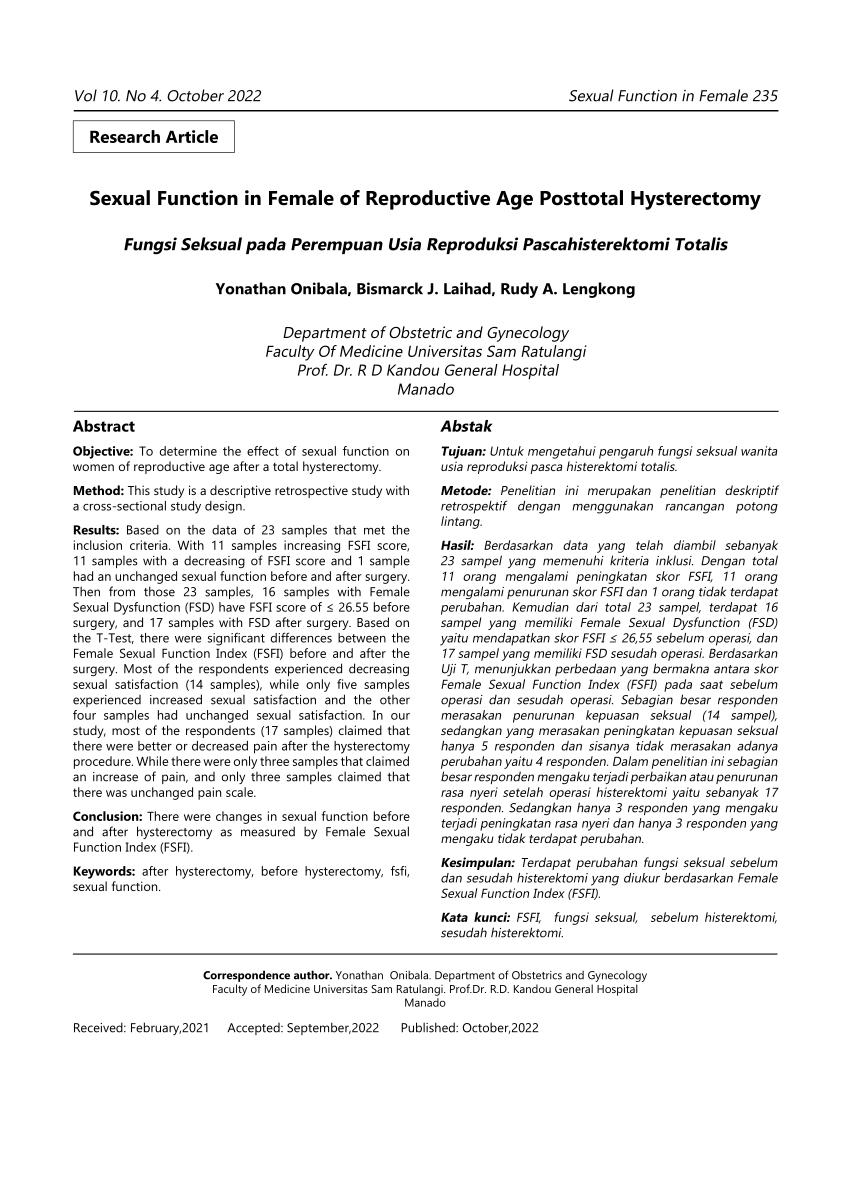 Pdf Sexual Function In Female Of Reproductive Age Post Total Hysterectomy 