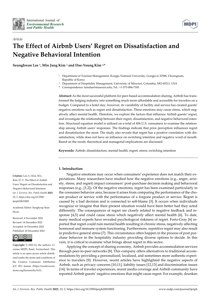 PDF) The Effect of Airbnb Users' Regret on Dissatisfaction and Negative  Behavioral Intention