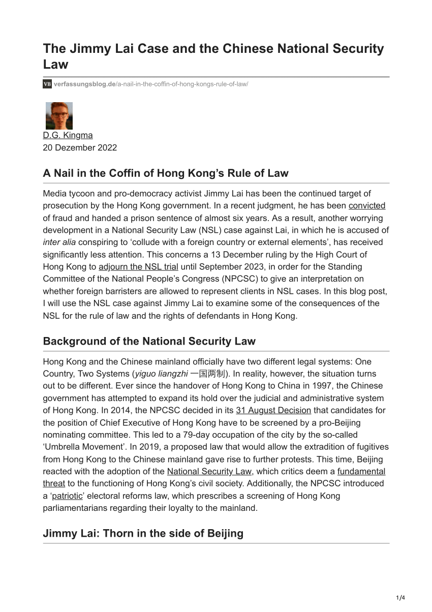 Pdf A Nail In The Coffin Of Hong Kongs Rule Of Law The Jimmy Lai Case And The Chinese 0370