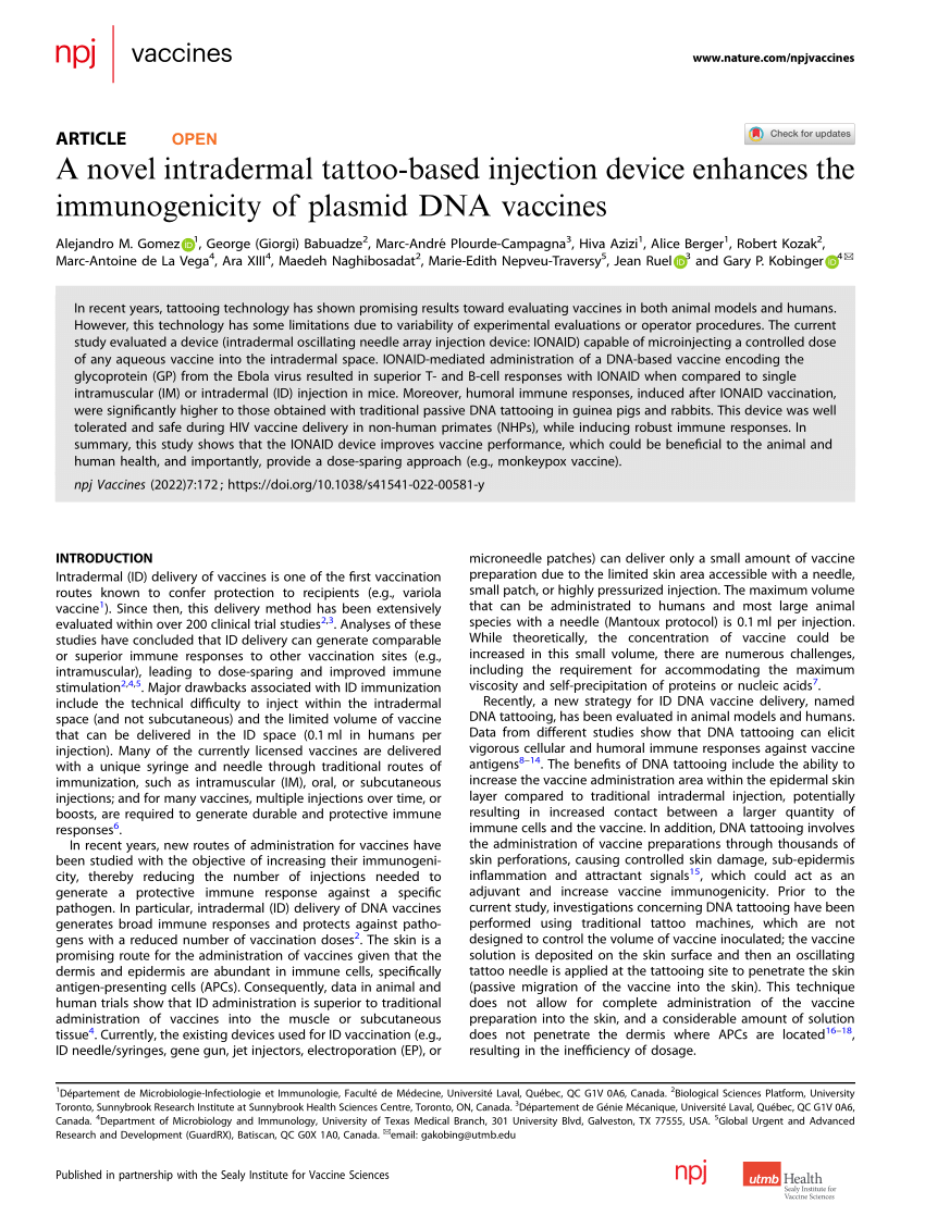 DNA Vaccines and Intradermal Vaccination by DNA Tattooing