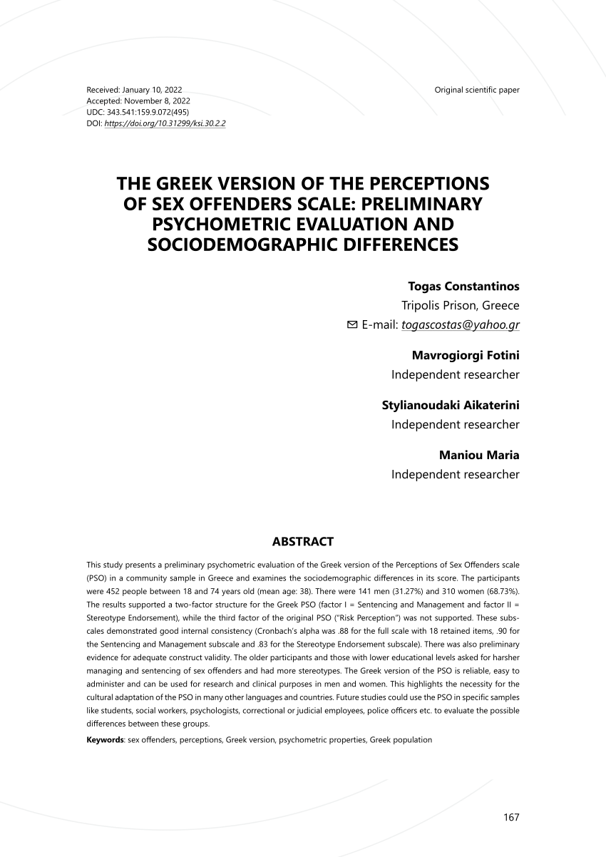 Pdf The Greek Version Of The Perceptions οf Sex Offenders Scale Preliminary Psychometric 6872