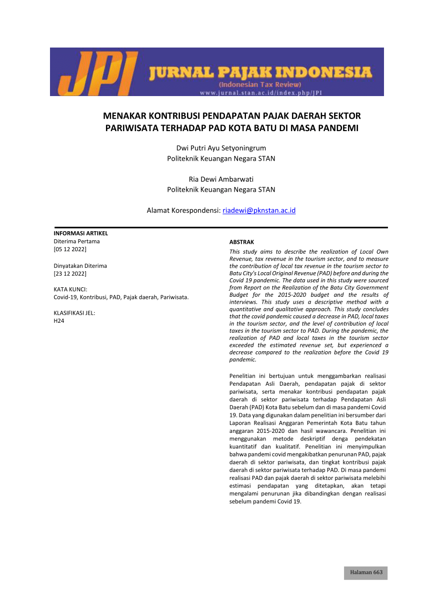 Pdf Menakar Kontribusi Pendapatan Pajak Daerah Sektor Pariwisata Terhadap Pad Kota Batu Di 4897