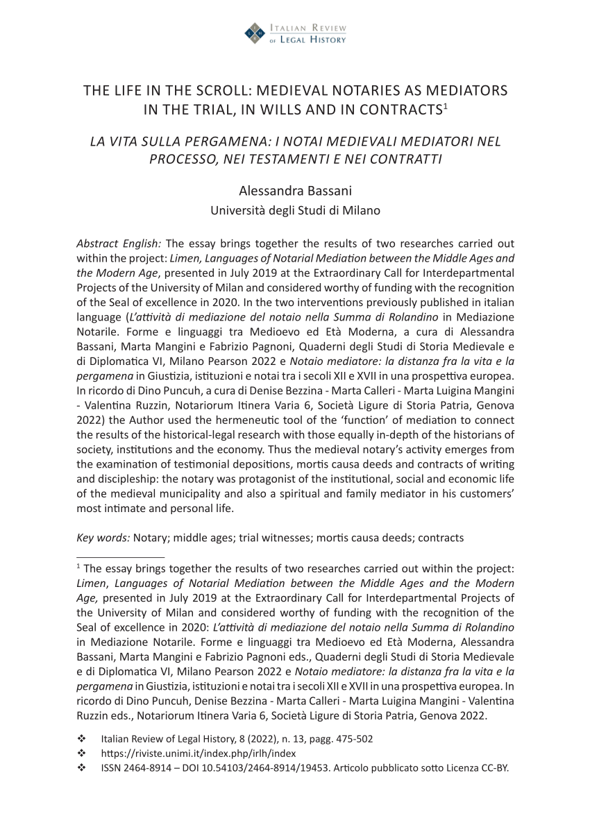 PDF) The Life in the Scroll: Medieval Notaries as Mediators in the Trial,  in Wills and in Contracts: Peer-reviewed article