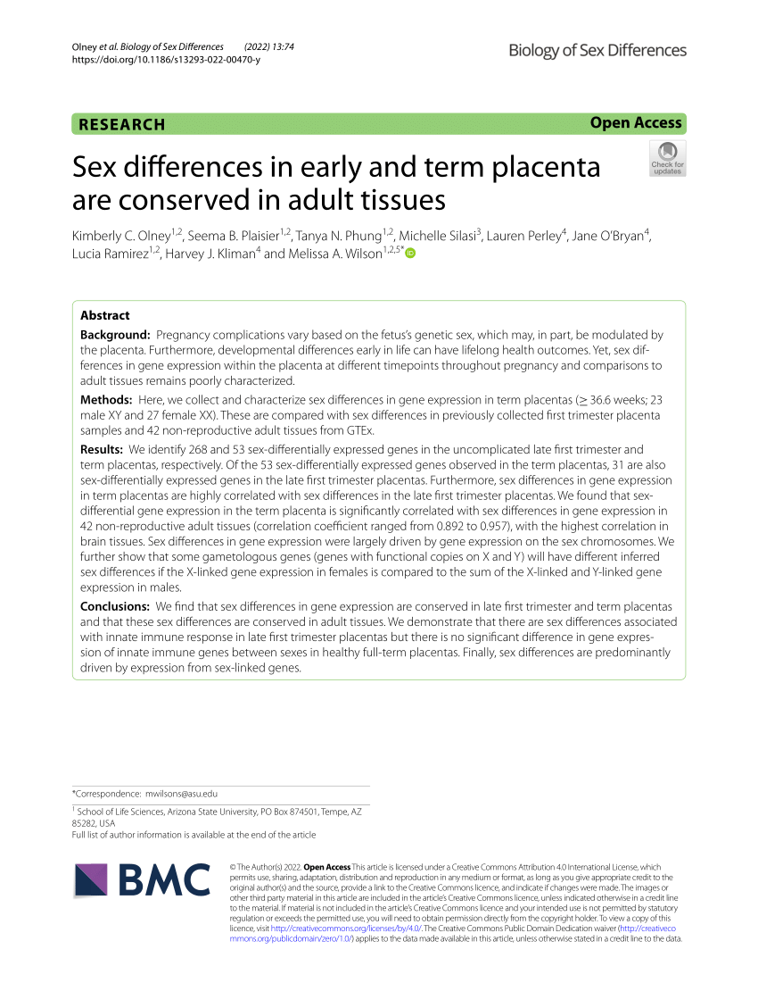 Pdf Sex Differences In Early And Term Placenta Are Conserved In Adult Tissues