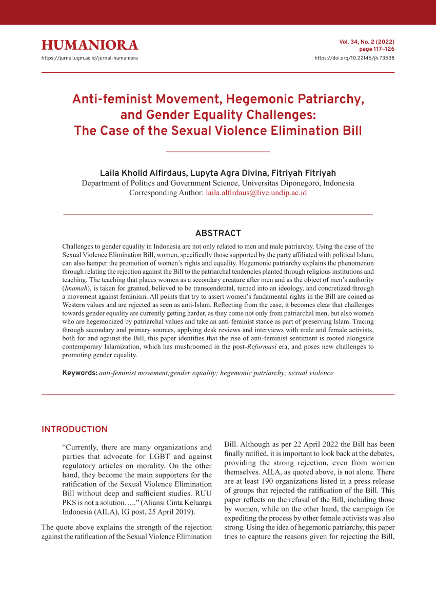 PDF) Anti-feminist Movement, Hegemonic Patriarchy, and Gender Equality Challenges The Case of the Sexual Violence Elimination Bill pic