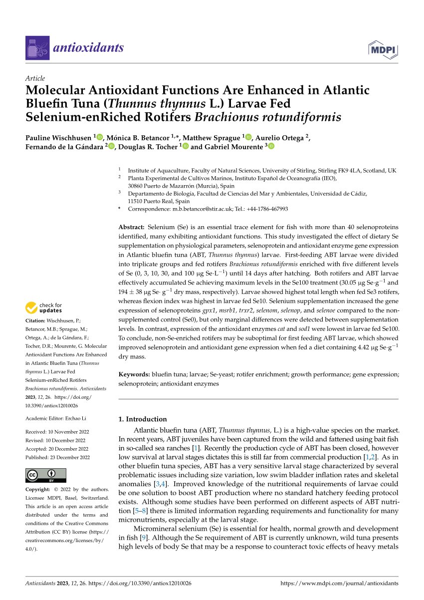 PDF) Molecular Functions Are Enhanced in Atlantic Bluefin Tuna (Thunnus thynnus L.) Larvae Fed Selenium-enRiched Rotifers Brachionus rotundiformis