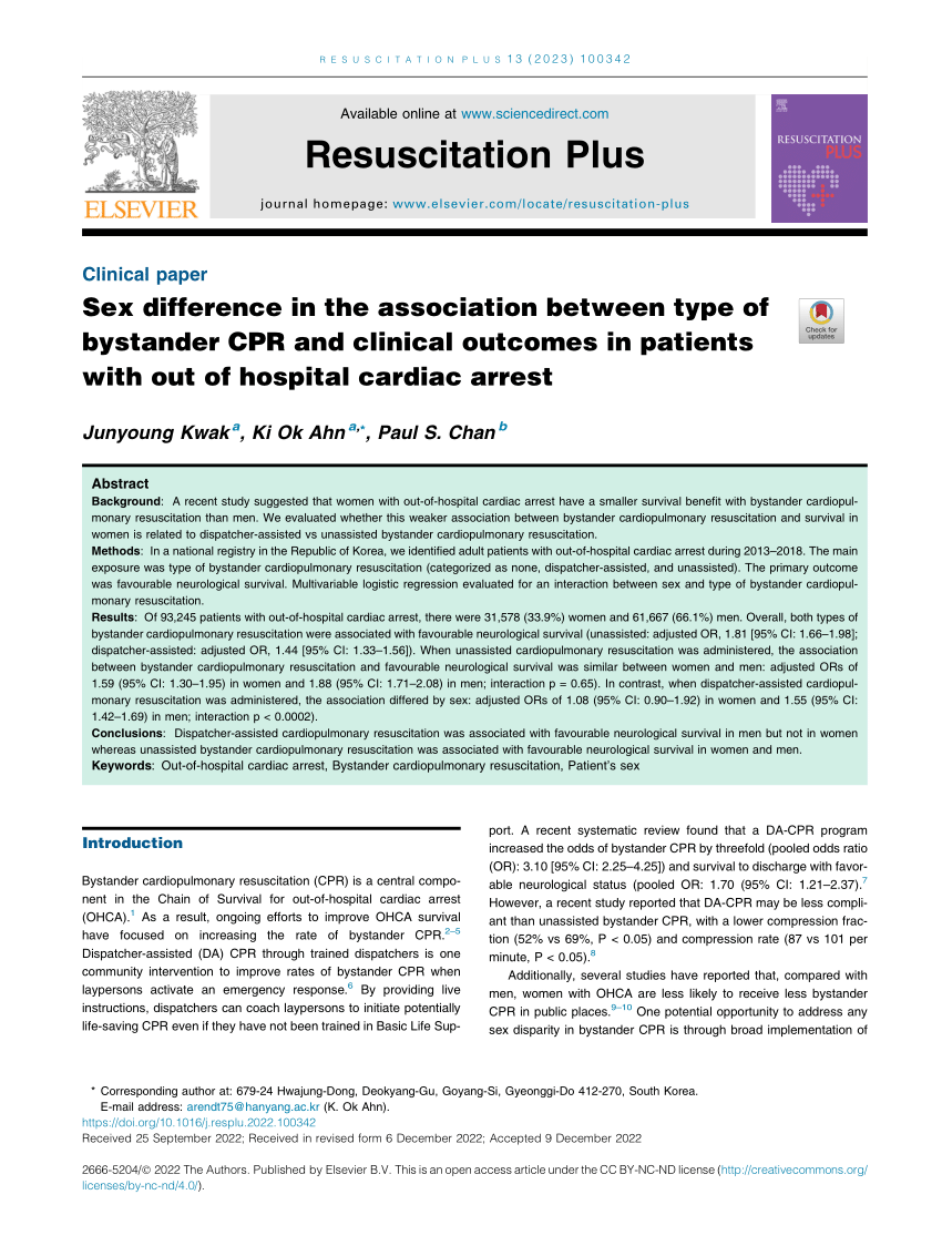 Pdf Sex Difference In The Association Between Type Of Bystander Cpr And Clinical Outcomes In