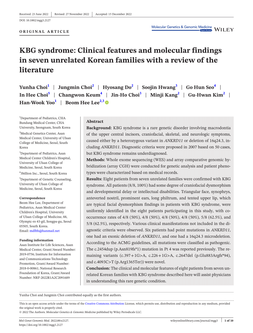 Pdf Kbg Syndrome Clinical Features And Molecular Findings In Seven Unrelated Korean Families 