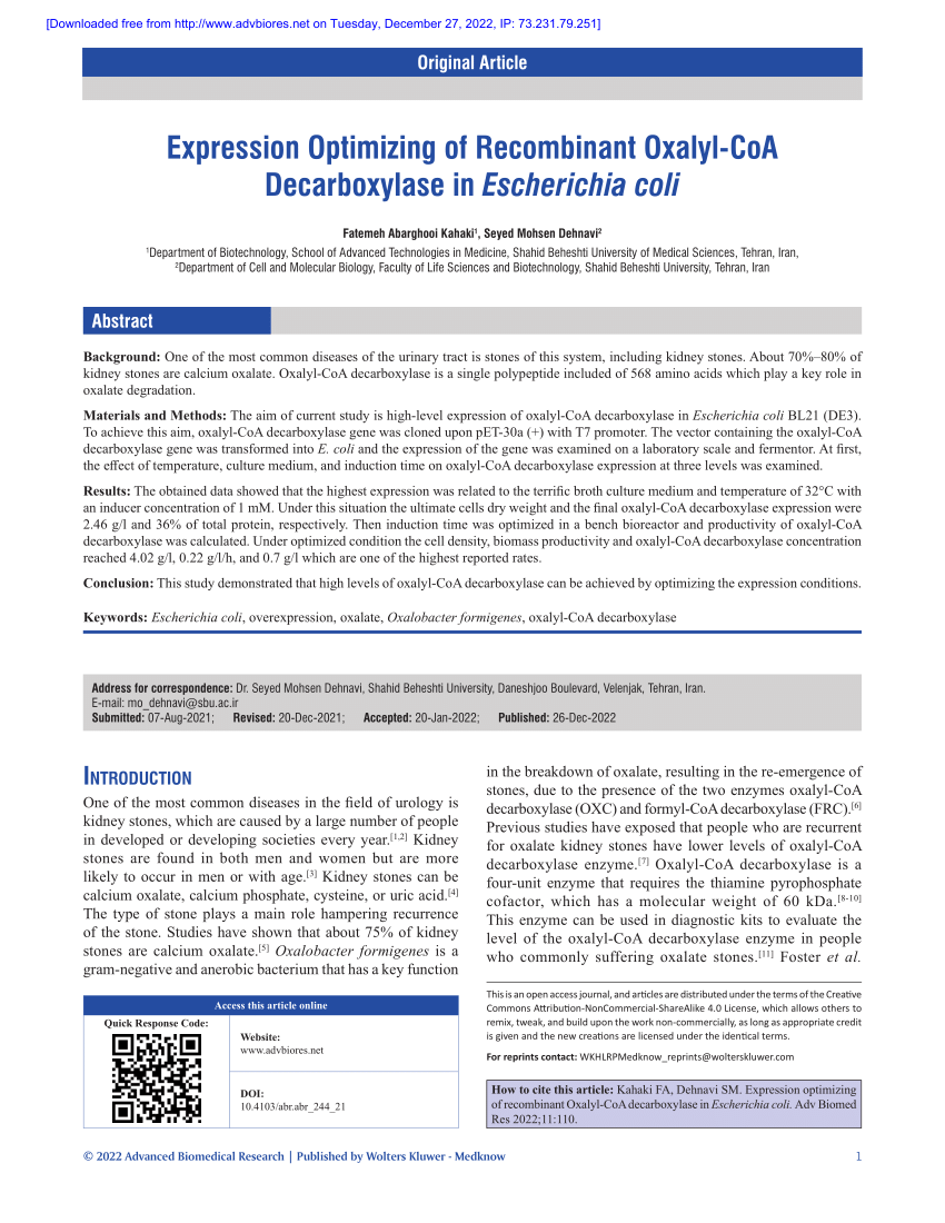 (PDF) Expression Optimizing of OxalylCoA Decarboxylase in