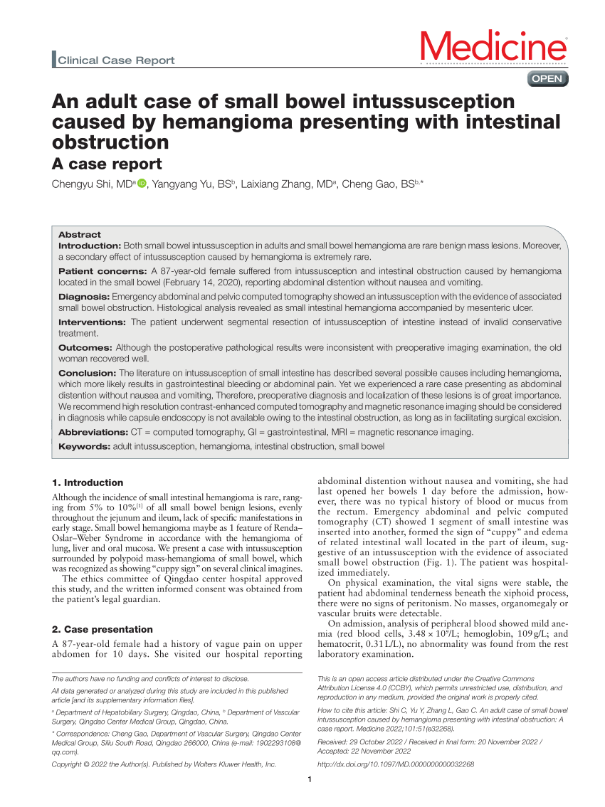Pdf An Adult Case Of Small Bowel Intussusception Caused By Hemangioma Presenting With 6117