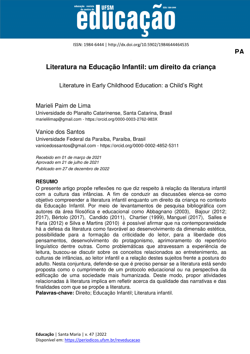 (PDF) Literatura na Educação Infantil um direito da criança