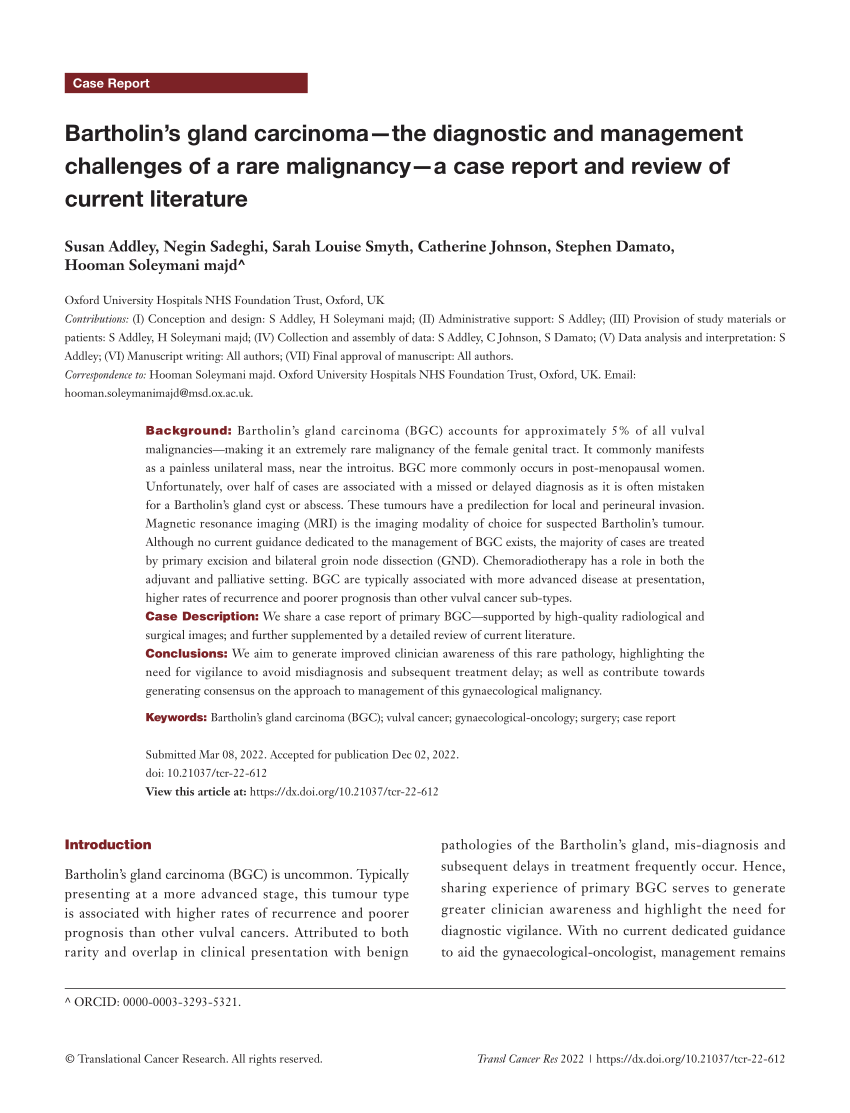 Pdf Bartholins Gland Carcinoma—the Diagnostic And Management Challenges Of A Rare Malignancy 1910