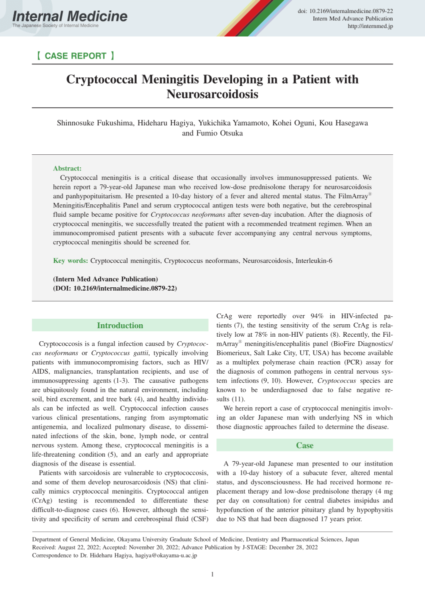 (PDF) Cryptococcal Meningitis Developing in a Patient with Neurosarcoidosis