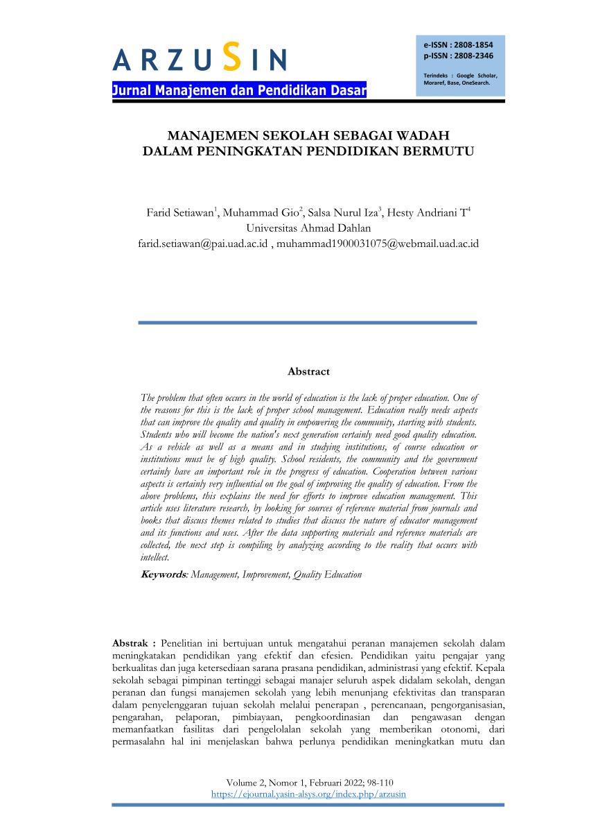 Pdf Manajemen Sekolah Sebagai Wadah Dalam Peningkatan Pendidikan Bermutu 4156