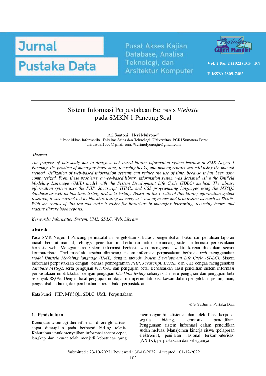 Pdf Sistem Informasi Perpustakaan Berbasis Website Pada Smkn 1 Pancung Soal 7507