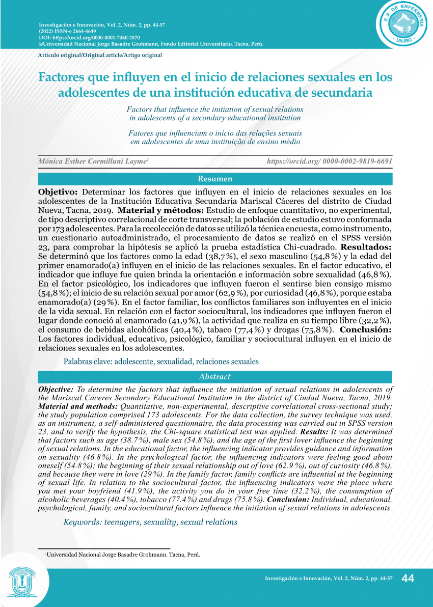 Pdf Factores Que Influyen En El Inicio De Relaciones Sexuales En Los Adolescentes De Una 9325