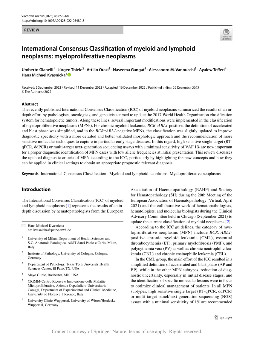 Pdf International Consensus Classification Of Myeloid And Lymphoid Neoplasms 