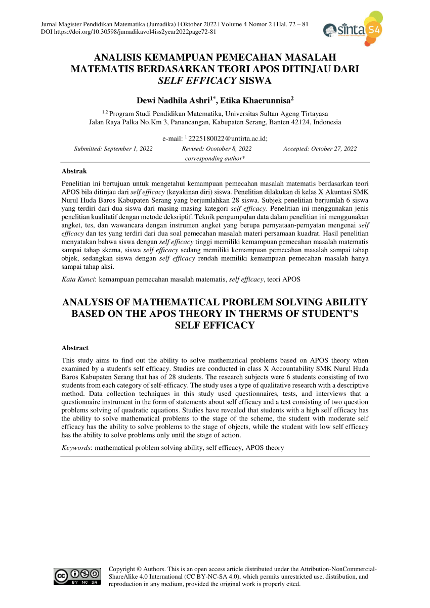Pdf Analisis Kemampuan Pemecahan Masalah Matematis Berdasarkan Teori Apos Ditinjau Dari Self 
