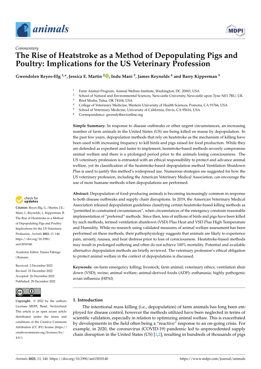 PDF) The Rise of Heatstroke as a Method of Depopulating Pigs and Poultry:  Implications for the US Veterinary Profession