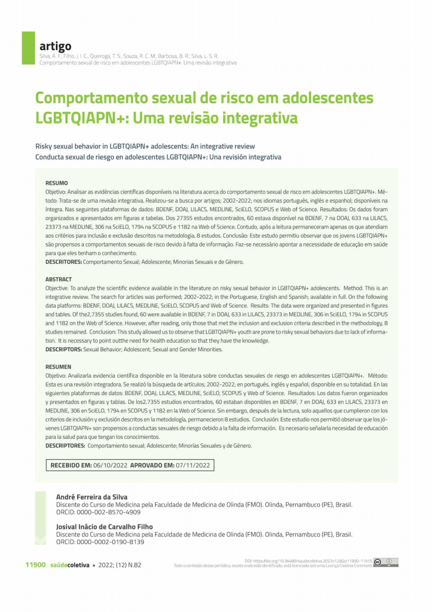 Pdf Comportamento Sexual De Risco Em Adolescentes Lgbtqiapn Uma Revisão Integrativa 2497