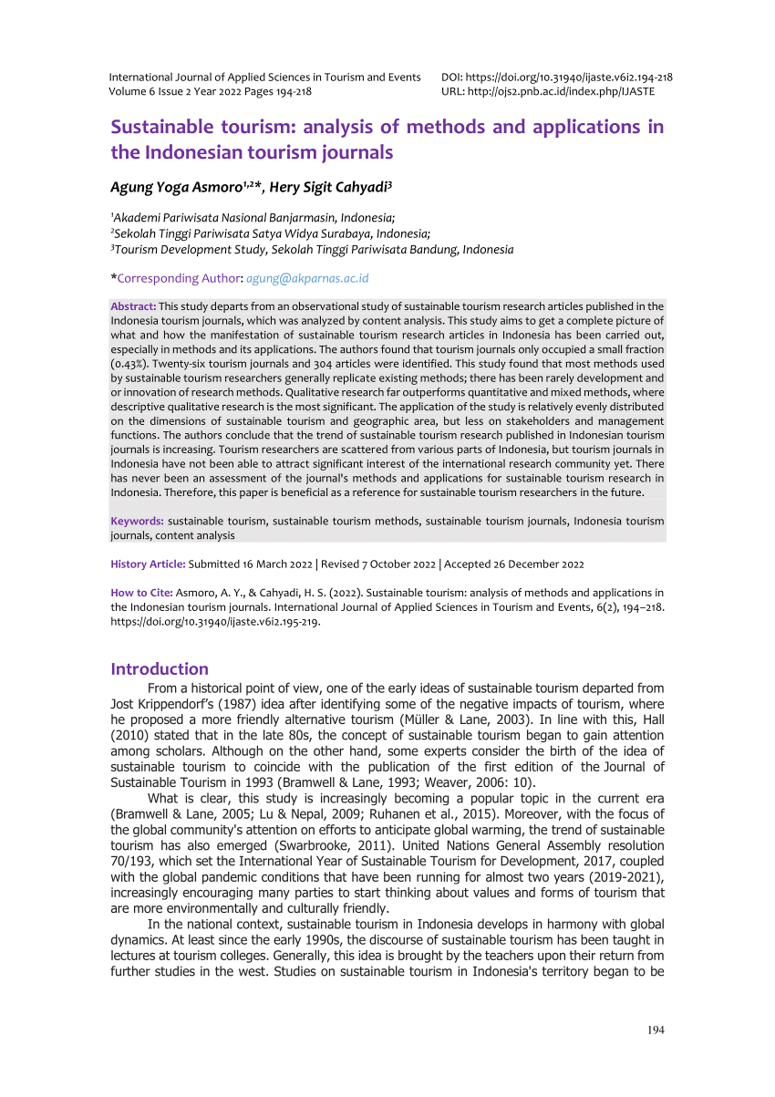 (PDF) Sustainable tourism: analysis of methods and applications in the