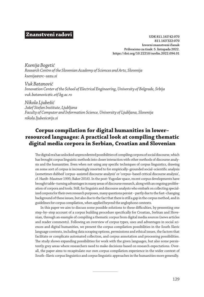 PDF) Corpus compilation for digital humanities in lower–resourced languages A practical look at compiling thematic digital media corpora in Serbian, Croatian and Slovenian pic picture