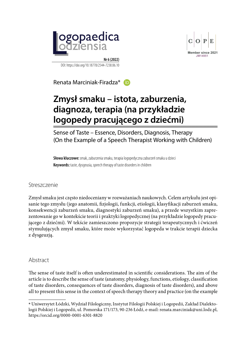 Pdf Zmysł Smaku Istota Zaburzenia Diagnoza Terapia Na Przykładzie Logopedy Pracującego Z 0900