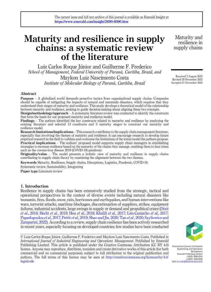 Pdf Maturity And Resilience In Supply Chains A Systematic Review Of The Literature 7063