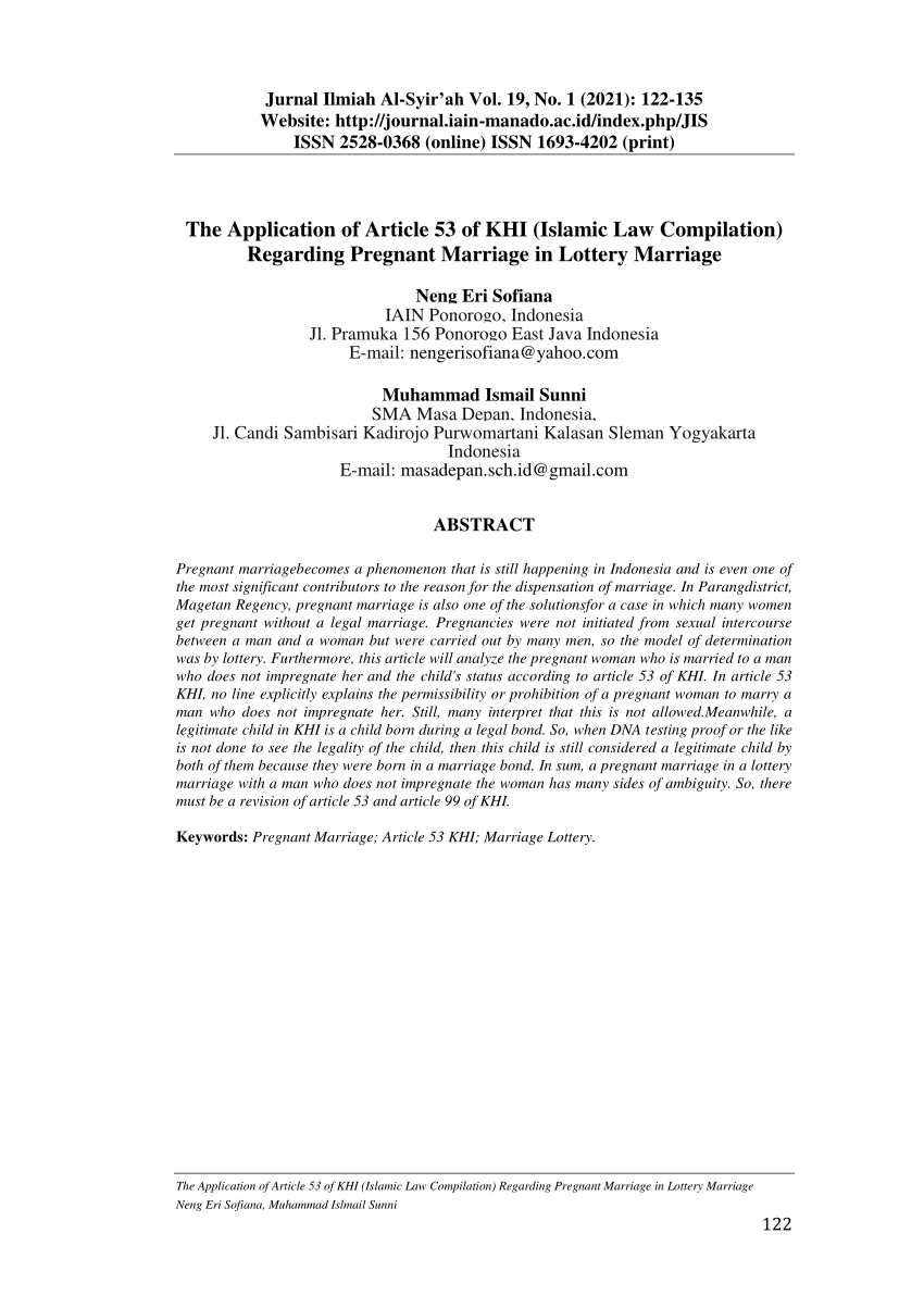 PDF) The Application of Article 53 of KHI (Islamic Law Compilation)  Regarding Pregnant Marriage in Lottery Marriage