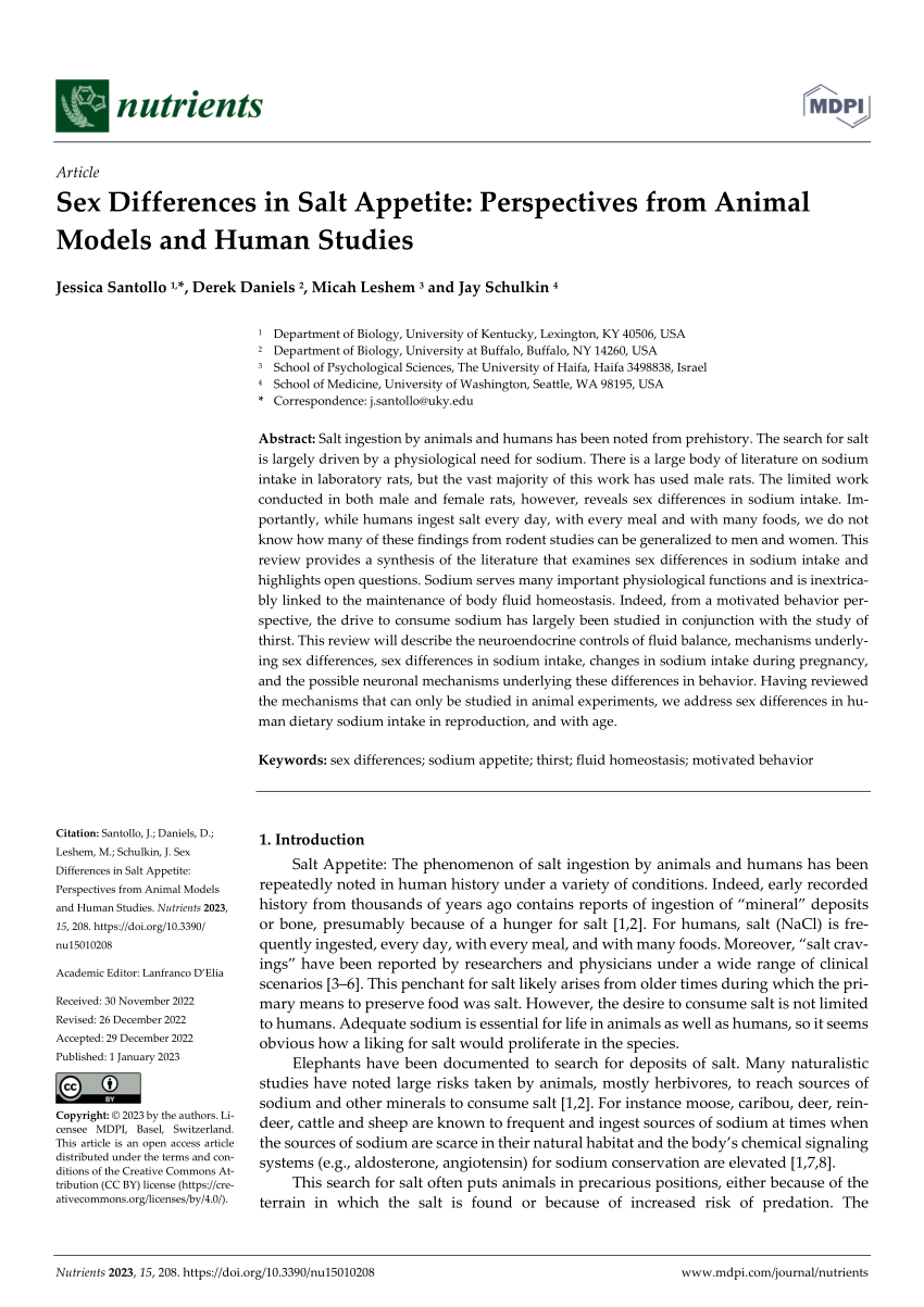 PDF Sex Differences in Salt Appetite Perspectives from Animal  