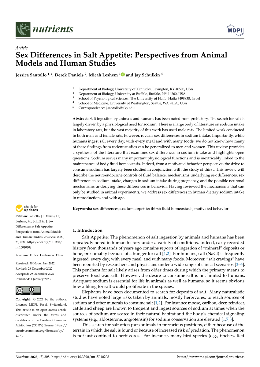 PDF Sex Differences in Salt Appetite Perspectives from Animal  