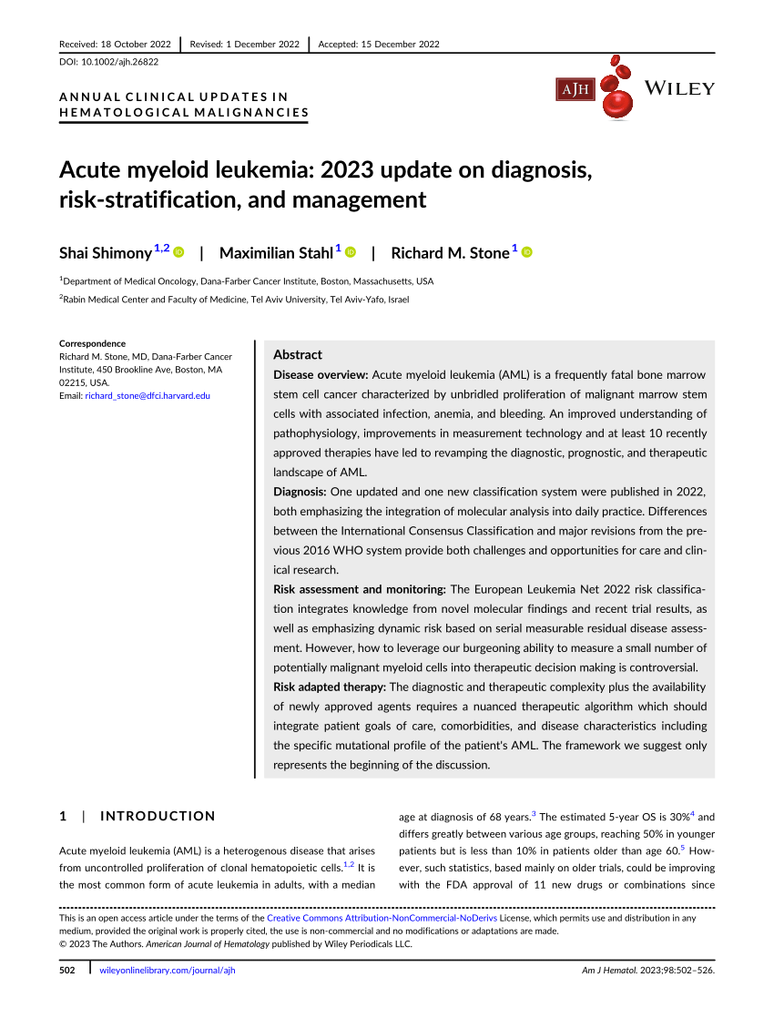 Pdf Acute Myeloid Leukemia 2023 Update On Diagnosis Risk Stratification And Management